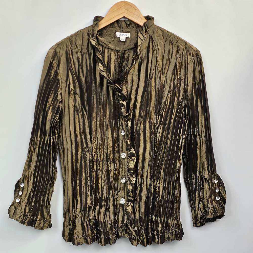 Jaipur Bronze Metallic Crinkle Top M Pleated Ruffle Rhinestone Dressy Whimsigoth - Picture 11 of 11